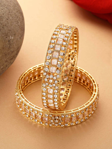 Karatcart Set of 2 Floral Design American Diamond Studded Gold Plated Bangles for Women
