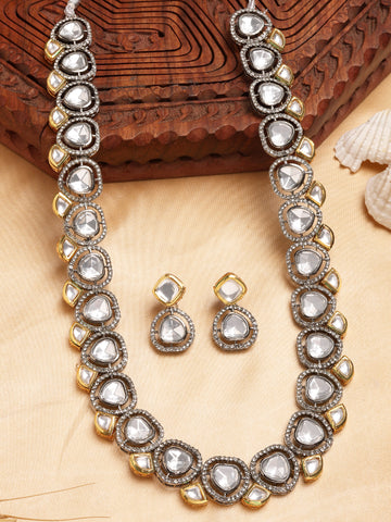 Karatcart Antique Silver and Gold Plated Kundan Rani Haar Necklace Set for Women