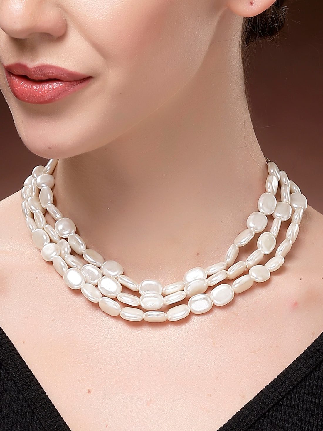 Karatcart Elegant White Flat Pearl Multi-Strand Gold-Plated Necklace for Women