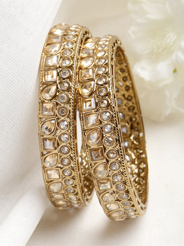 Karatcart Set of 2 Golden Kundan Studded Antique Gold Plated Bangles for Women