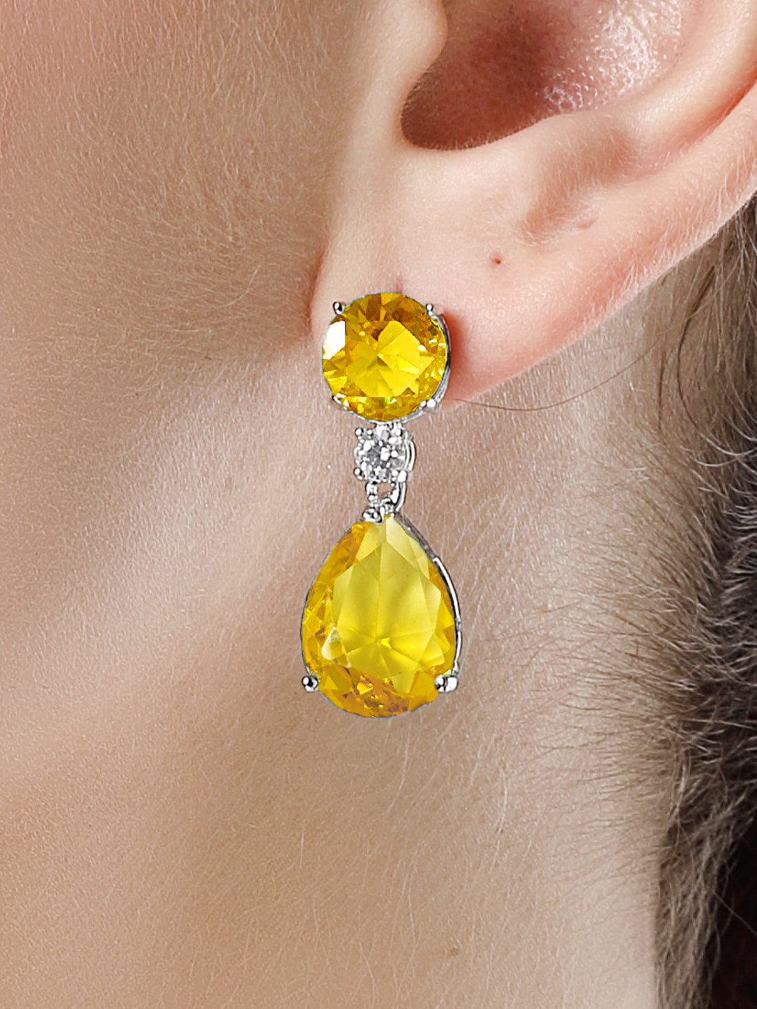 Karatcart Luxurious Yellow American Diamond Stone Drop Earrings for Women