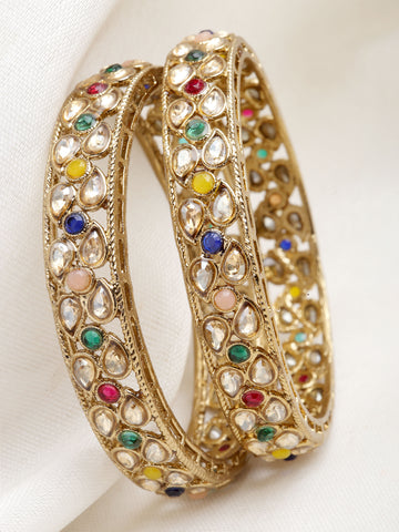 Karatcart Antique Gold Plated Set of 2 Multicolor Kundan Studded Bangles for Women