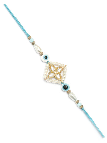 Karatcart Blue Evil Eye and Pearl Kundan Rakhi for Brother with Roli & Chawal