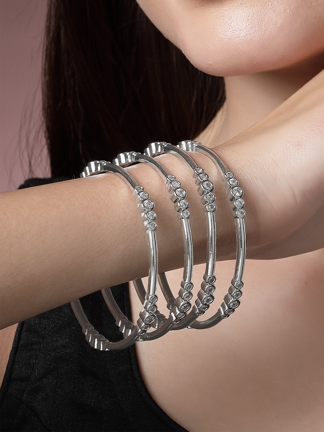 Karatcart Set of 4 Silver Plated Round American Diamond Studded Bangles for Women