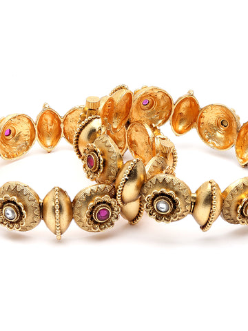 Karatcart Set of 2 Antique Temple Rajwadi Gold Plated Floral Bangles for Women