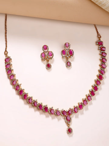KARATCART Elegant Gold-Plated Red Oval American Diamond Jewellery Set for Women