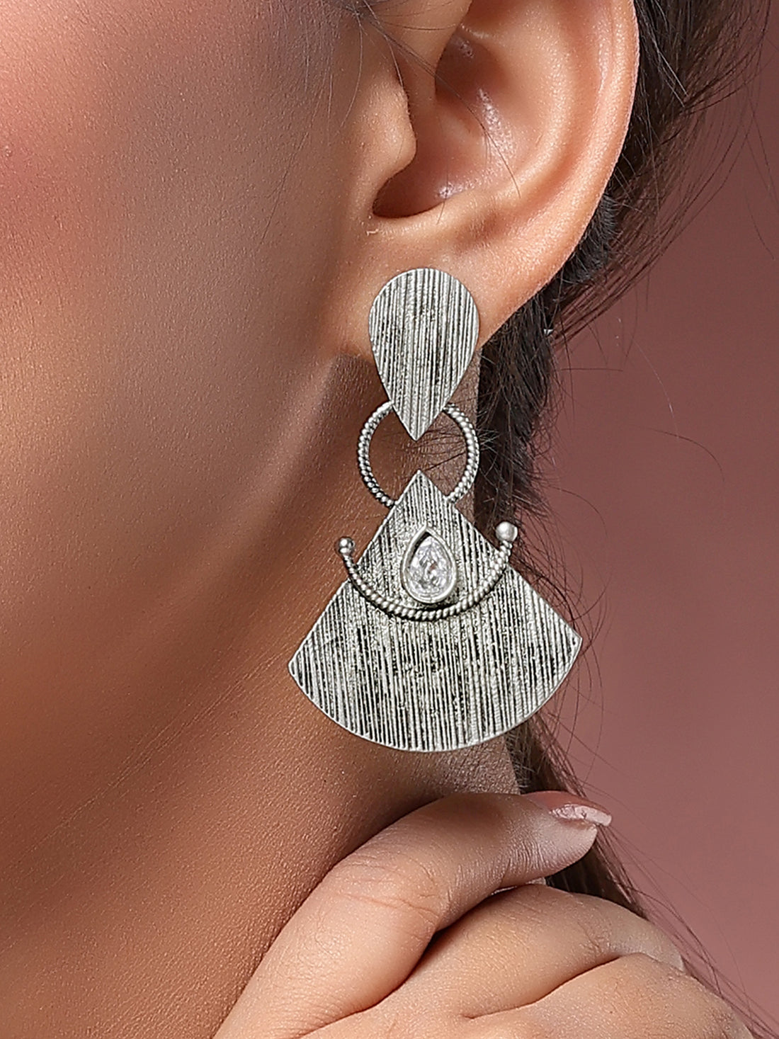 Karatcart Minimal Oxidized Silver-Toned Fan Earrings with Textured Finish & Teardrop Accent for Women