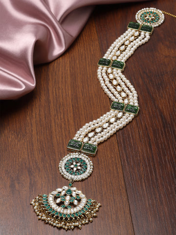 Karatcart Green Carved Stone Studded Pearl Kundan Bridal Wedding Hair Braid Choti