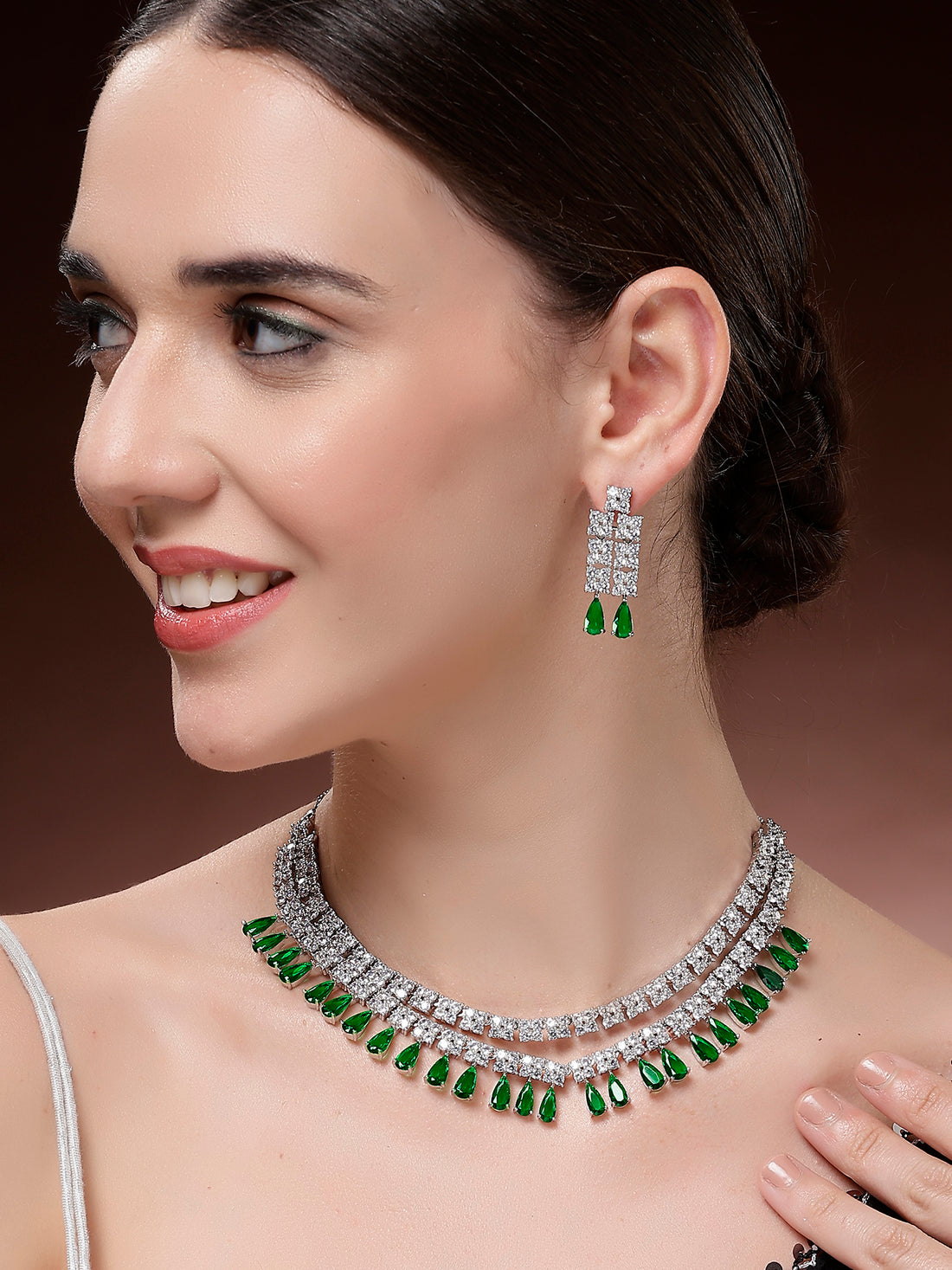 Karatcart Sparkling Silver Plated Green Drop American Diamond Necklace Set for Women