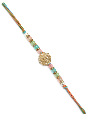 Karatcart Gold Plated Multicolor Beads Kundan Bhiya Rakhi with Roli & Chawal