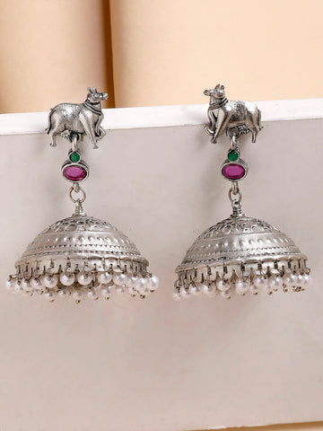 Karatcart Oxidized Silver Jhumka Earrings with Cow Motif & Pearl Drops