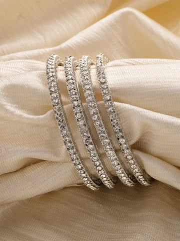 Karatcart Set of 4 American Diamond Studded Silver Plated Bangles for Women