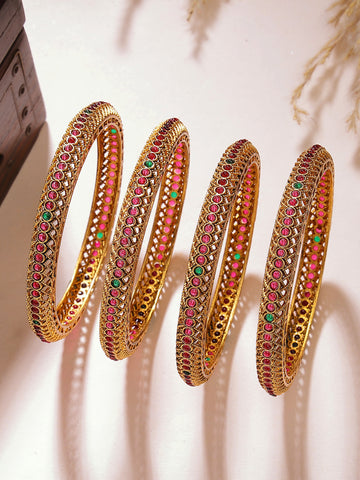 Karatcart Antique Gold Plated Set of 4 Traditional Red Stone Bangles for Women