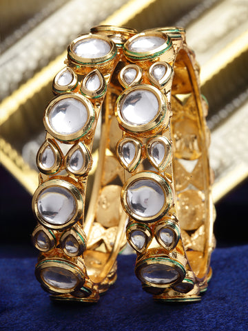 Karatcart Set of 2 Gold Plated Round Polki Kundan Bangles for Women
