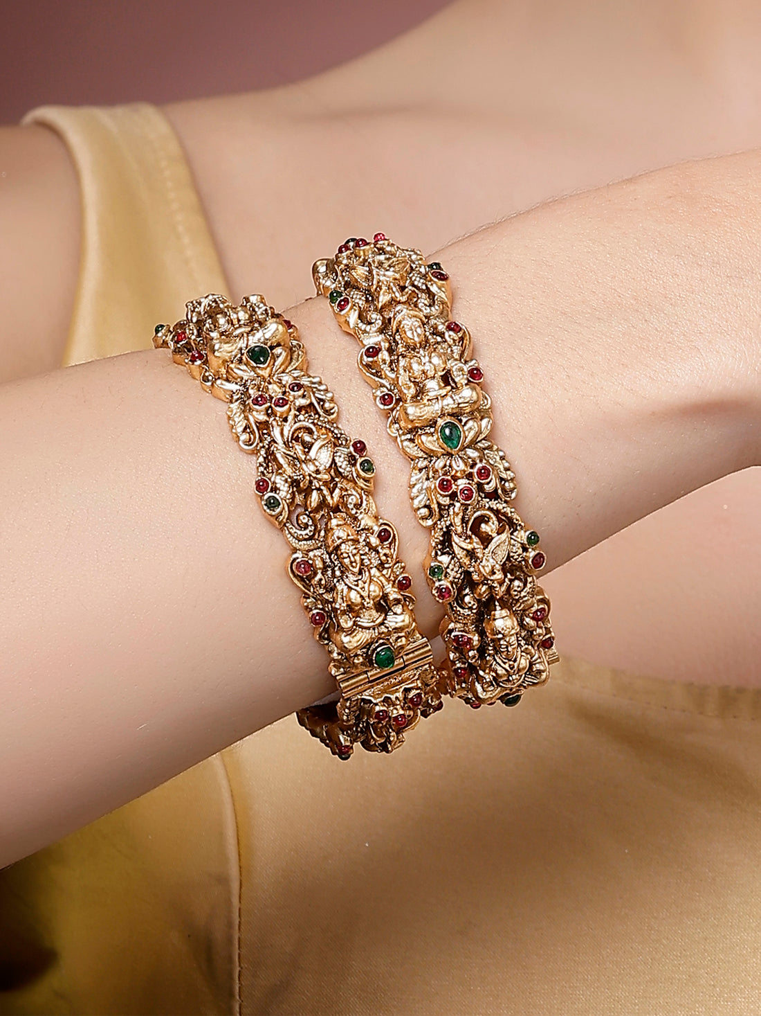 Karatcart Set of 2 Antique Gold-Plated Laxmi Mata South Indian Style Temple Bangles for Women (2.4)