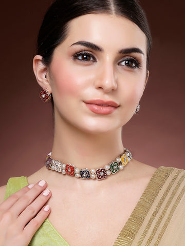 Karatcart Ethnic Multicolor Kundan Choker Necklace Set for Women
