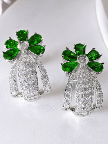 Karatcart Silver Plated Green Stones Floral Design AD Stud Earrings for Women
