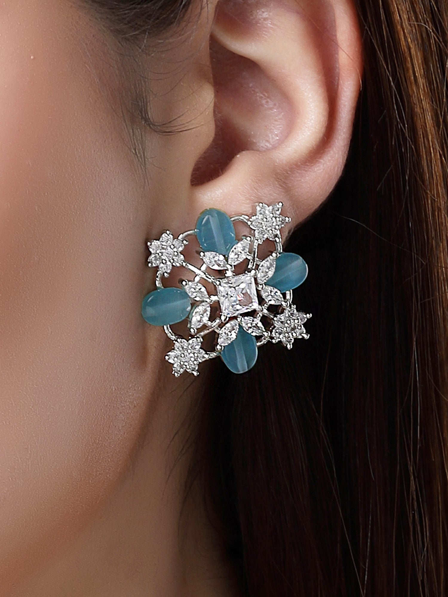 KARATCART Silver Plated American Diamond Stud Light Blue Earrings