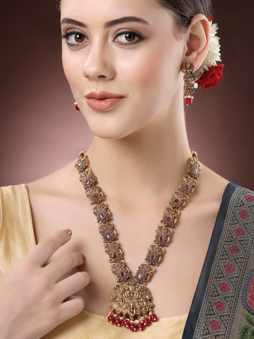Karatcart Gold Plated Red Beads Laxmi Mata Temple Long Jewellery Set for Women