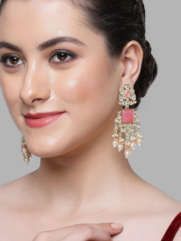 Karatcart Gold Plated Pink Carved Stone Kundan Drop Earrings for Women