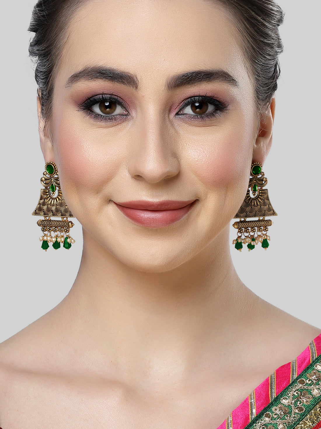 Karatcart Gold Plated Green Crystal Studded Engraved Dangler Earrings for Women