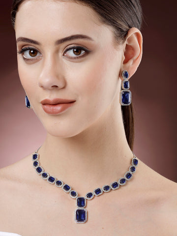 Karatcart Silver Tone Blue Cubic Zirconia Studded Necklace Set for Women