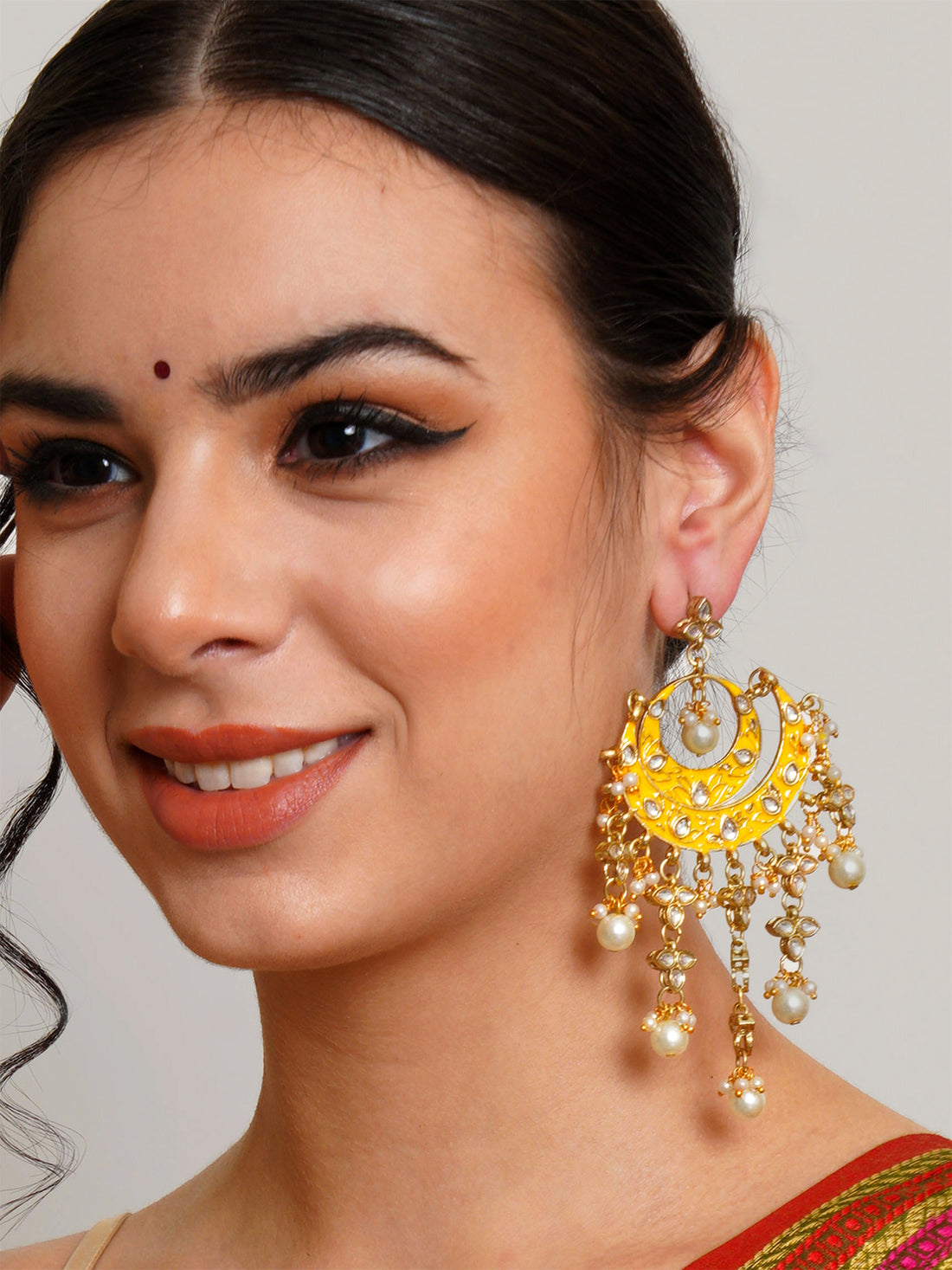 Karatcart Gold Plated Yellow Meena Lotus Shape Kundan Dangler Earrings for Women