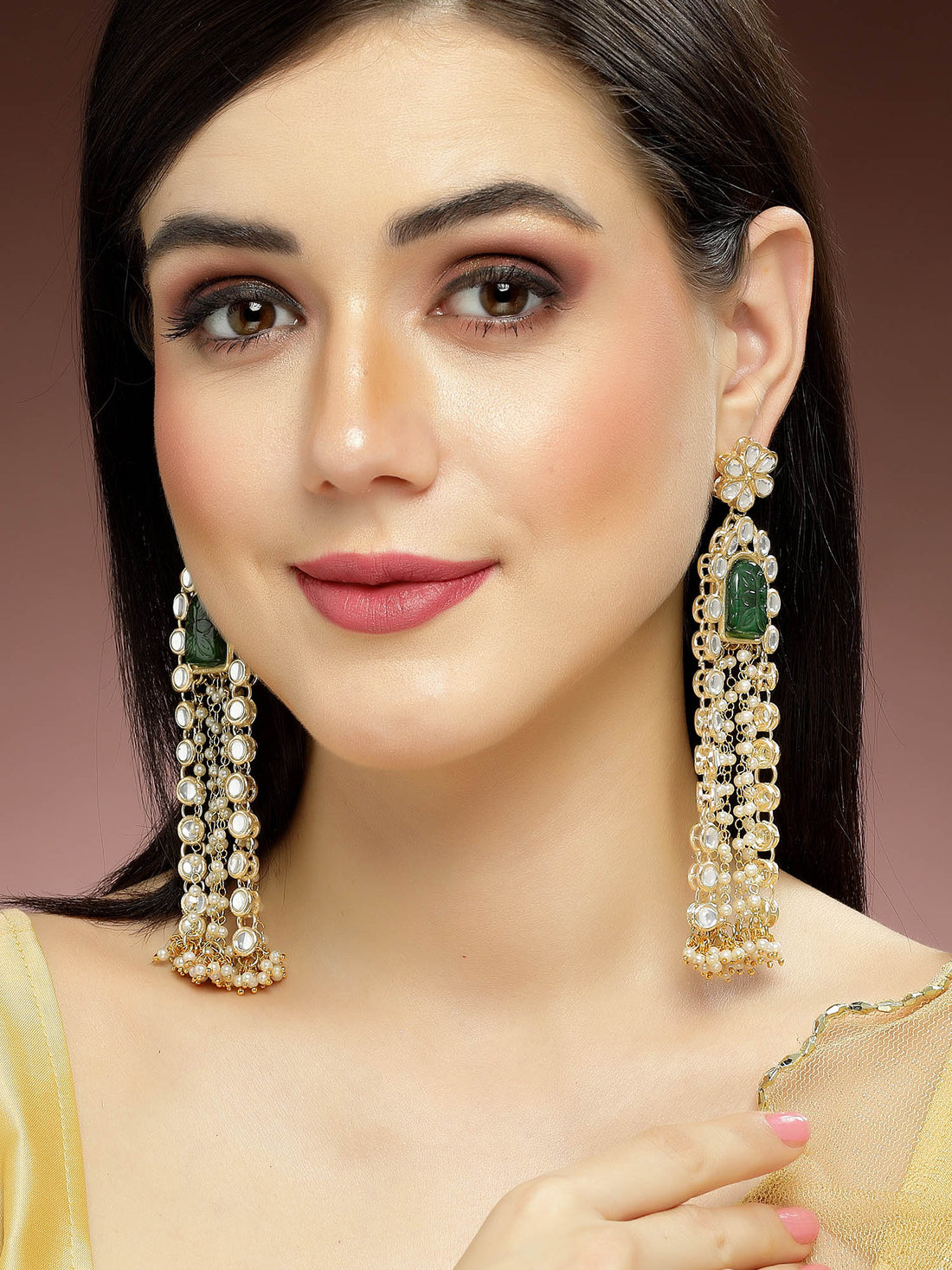 Karatcart Gold Plated Green Carved Kundan Drop Earrings for Women