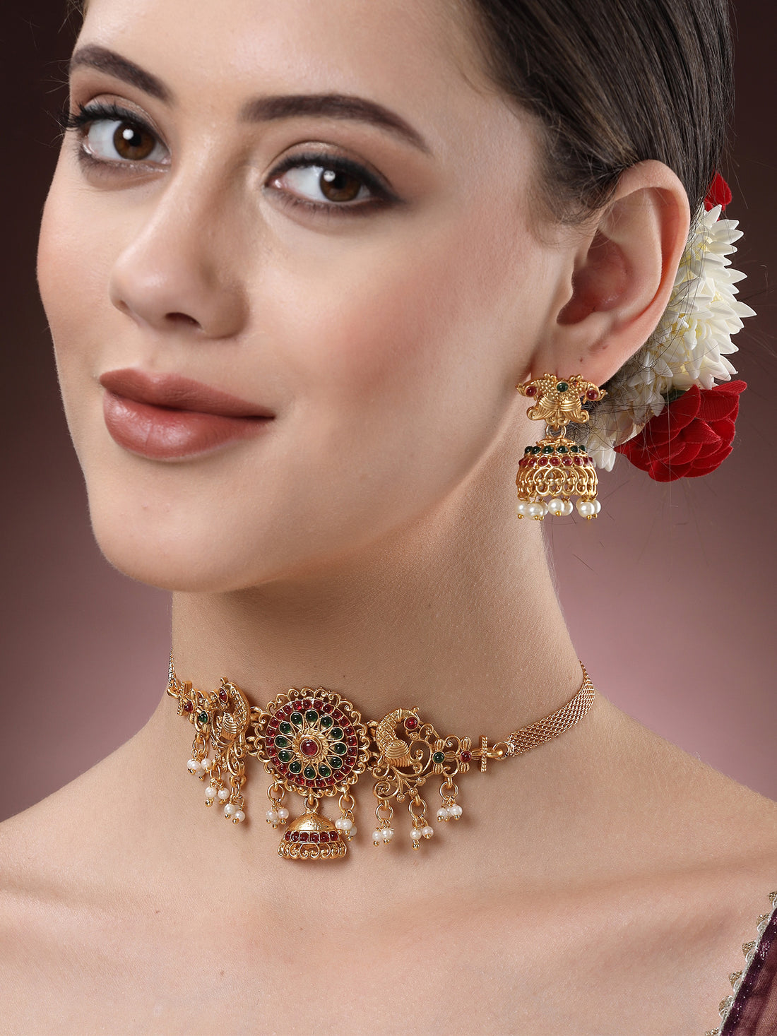 Karatcart Gold-Plated Stone-Studded & Beaded Chakra Design Temple Jewellery Set