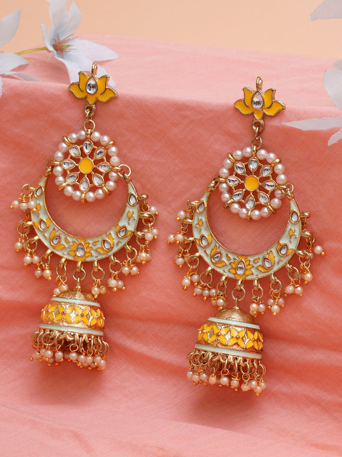 Karatcart Gold Plated Floral Yellow Meena Kundan Jhumki Earrings for Women