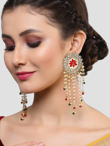 Karatcart Gold Plated Red and Green Beads Kundan Tassel Earrings for Women