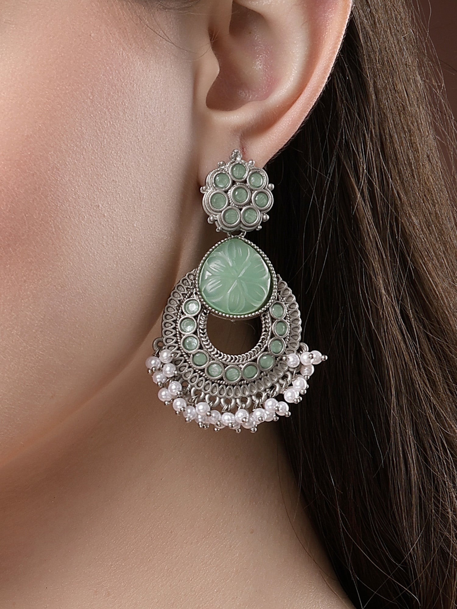 KARATCART Oxidised Silver Kundan Dangler Lime Green Earrings for Women