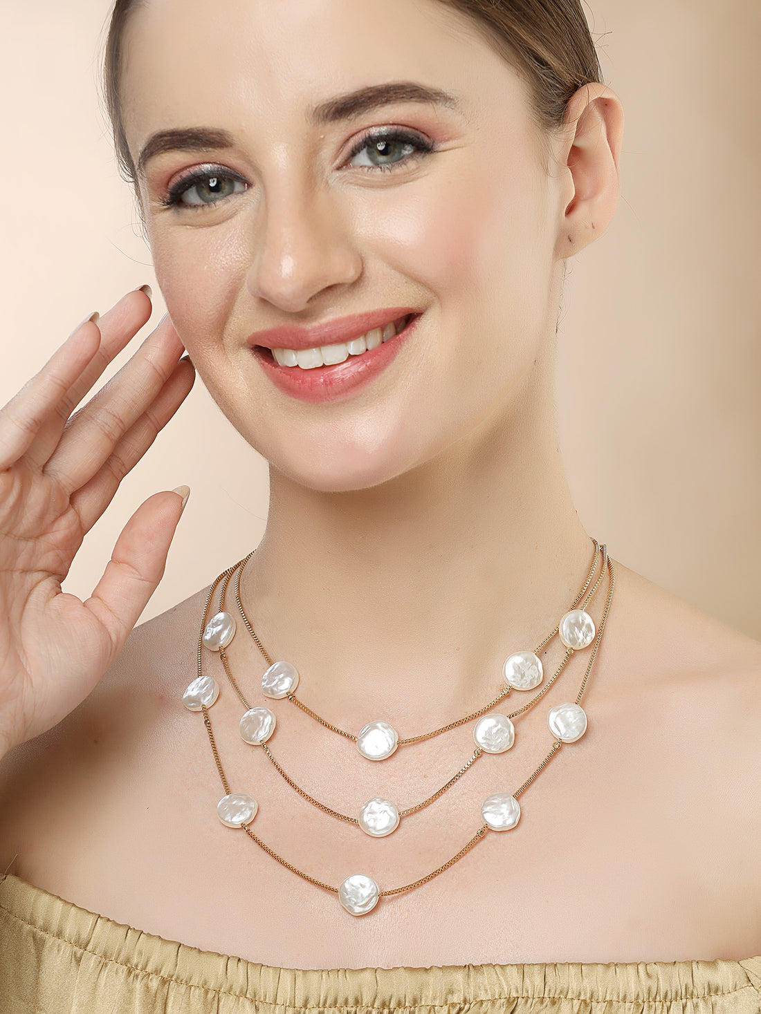 Bohey by KARATCART Gold-Plated Flat Pearl Multilayer Chain Necklace for Women