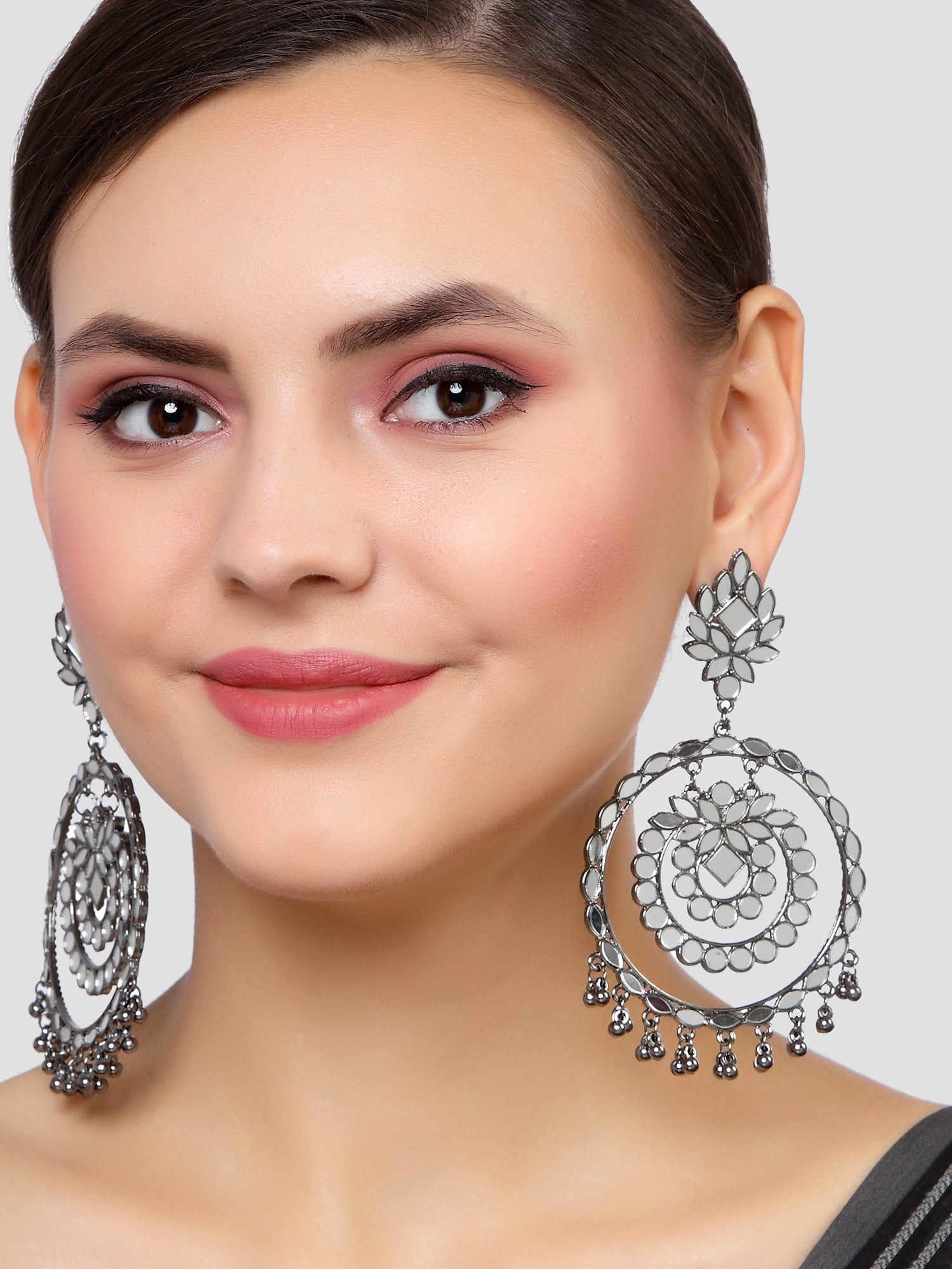 KARATCART Black Silver Plated Mirror Chandbali Black Earrings For Women karatcart-black-silver-plated-mirror-chandbali-black-earrings-for-women