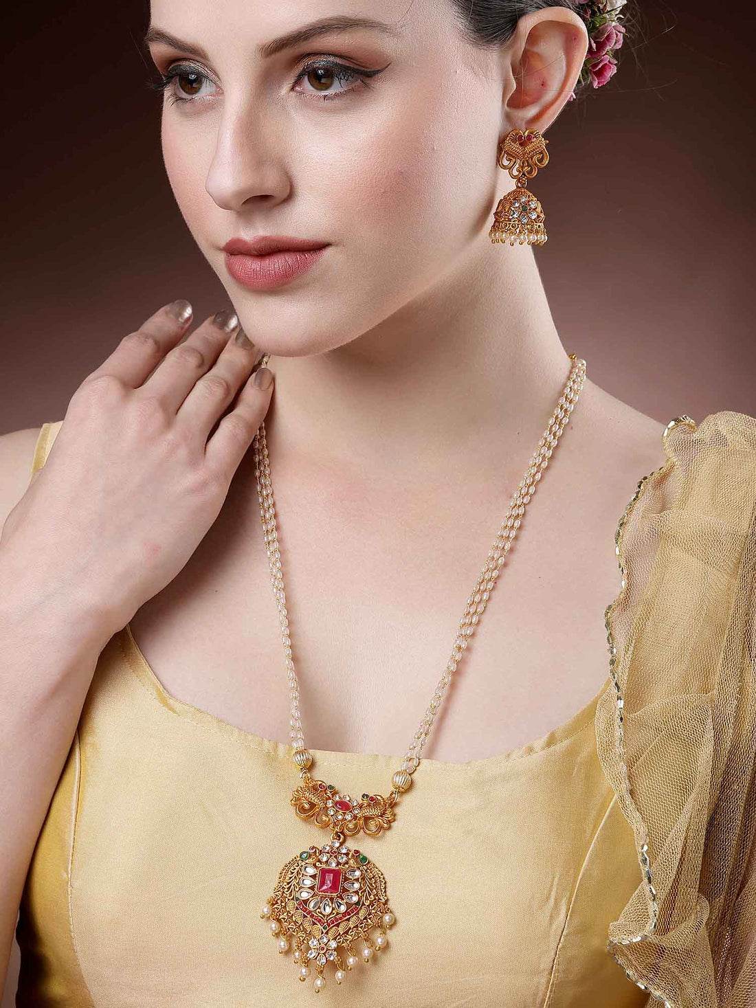 Karatcart Gold-Plated Stone-Studded Pearl Drop Beaded Temple Jewellery Set