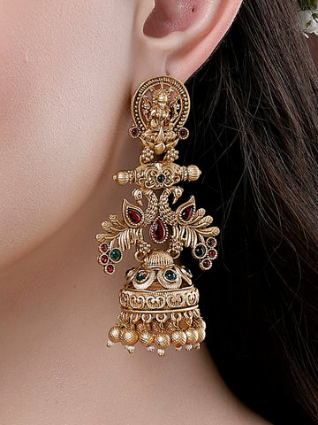 Karatcart Gold Plated Peacock Design Laxmi Mata Dangler Jhumki Earrings for Women