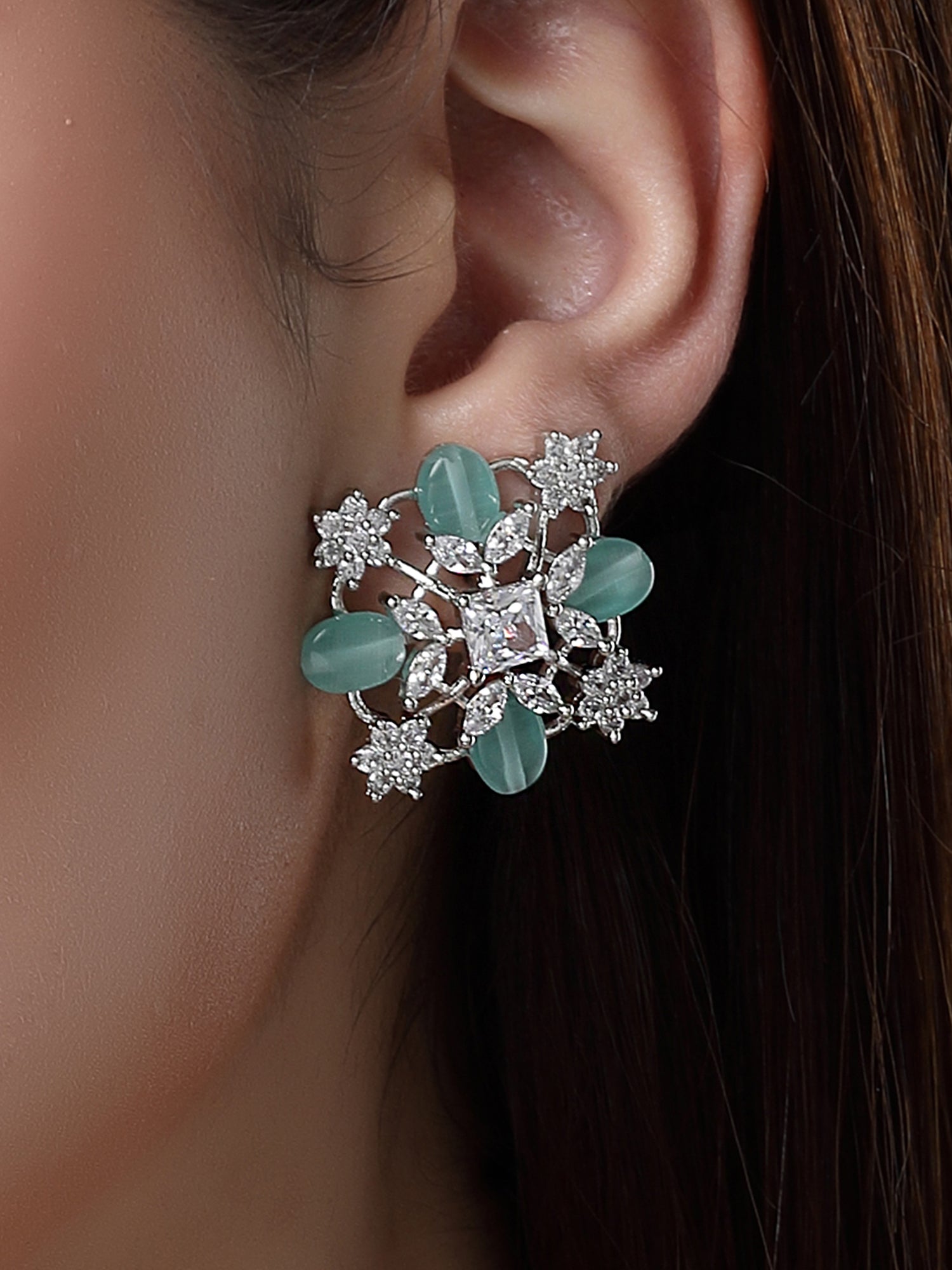 KARATCART Silver Plated American Diamond Stud Light Green Earrings