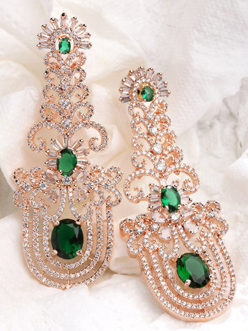 Karatcart Rose Gold Plated Green Cubic Zirconia Studded Dangler Earrings for Women