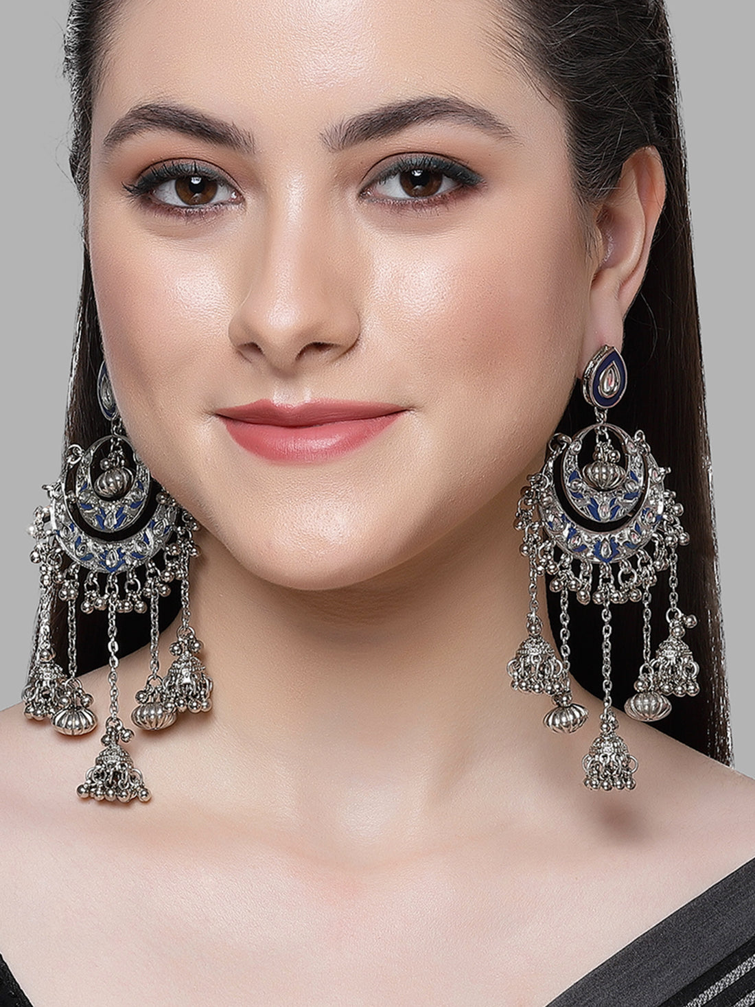 Karatcart Oxidised Silver Plated Blue Meena and Kundan Dangler Earrings for Women