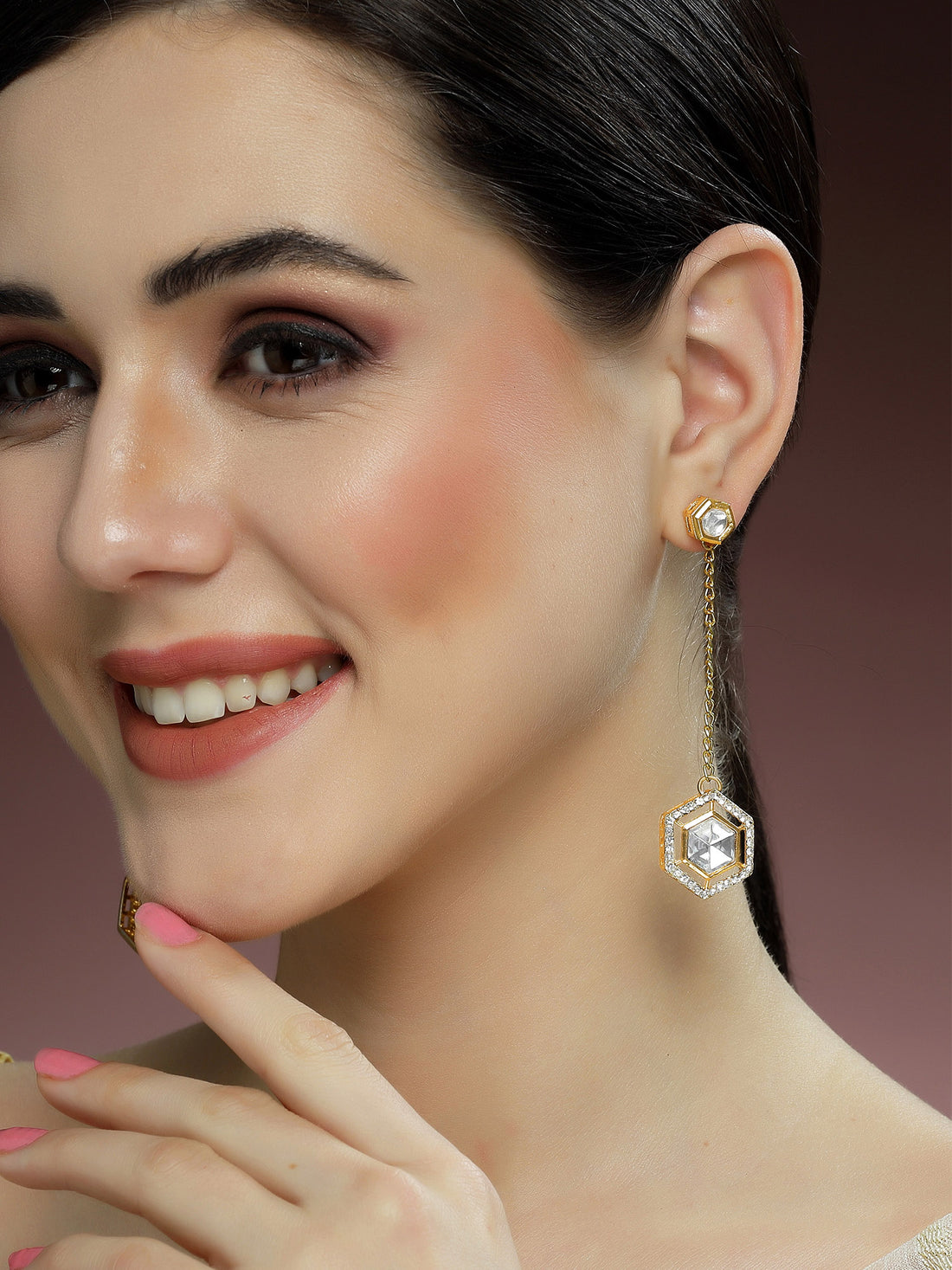 Karatcart Gold Plated Hexagonal Design Polki Kundan Drop Earrings for Women