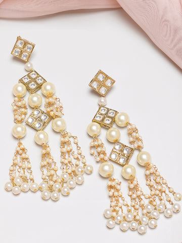 Karatcart Gold Plated Square Kundan and Pearl Drop Earrings for Women