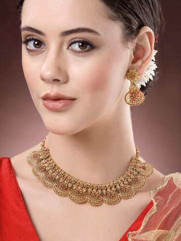Karatcart Gold Plated Red and Green Stone Floral Necklace Set for Women
