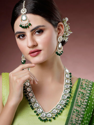 Karatcart Traditional Gold Plated Green Beads Polki Kundan Rani Haar Necklace Set
