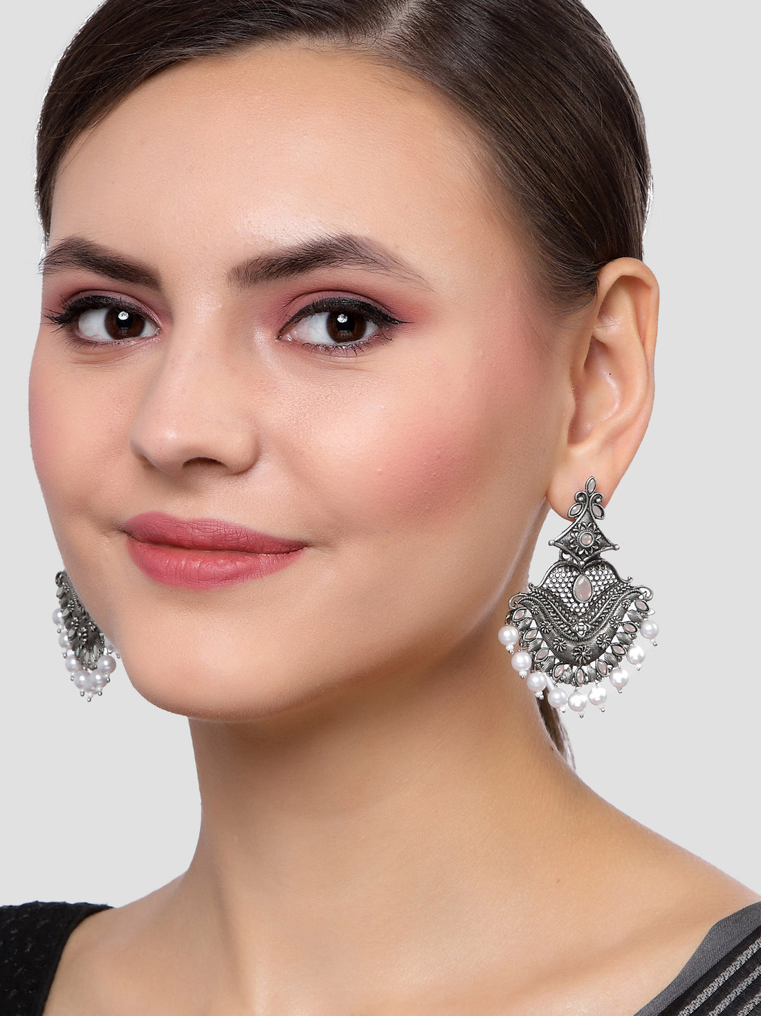 Karatcart Antique Silver Plated Peach Monalisa Stone Studded Dangler Earrings for Women