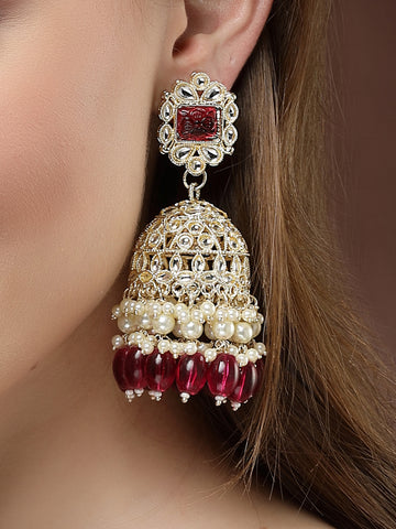 Karatcart Gold Plated Red Stone Studded Kundan Jhumki Earrings for Women