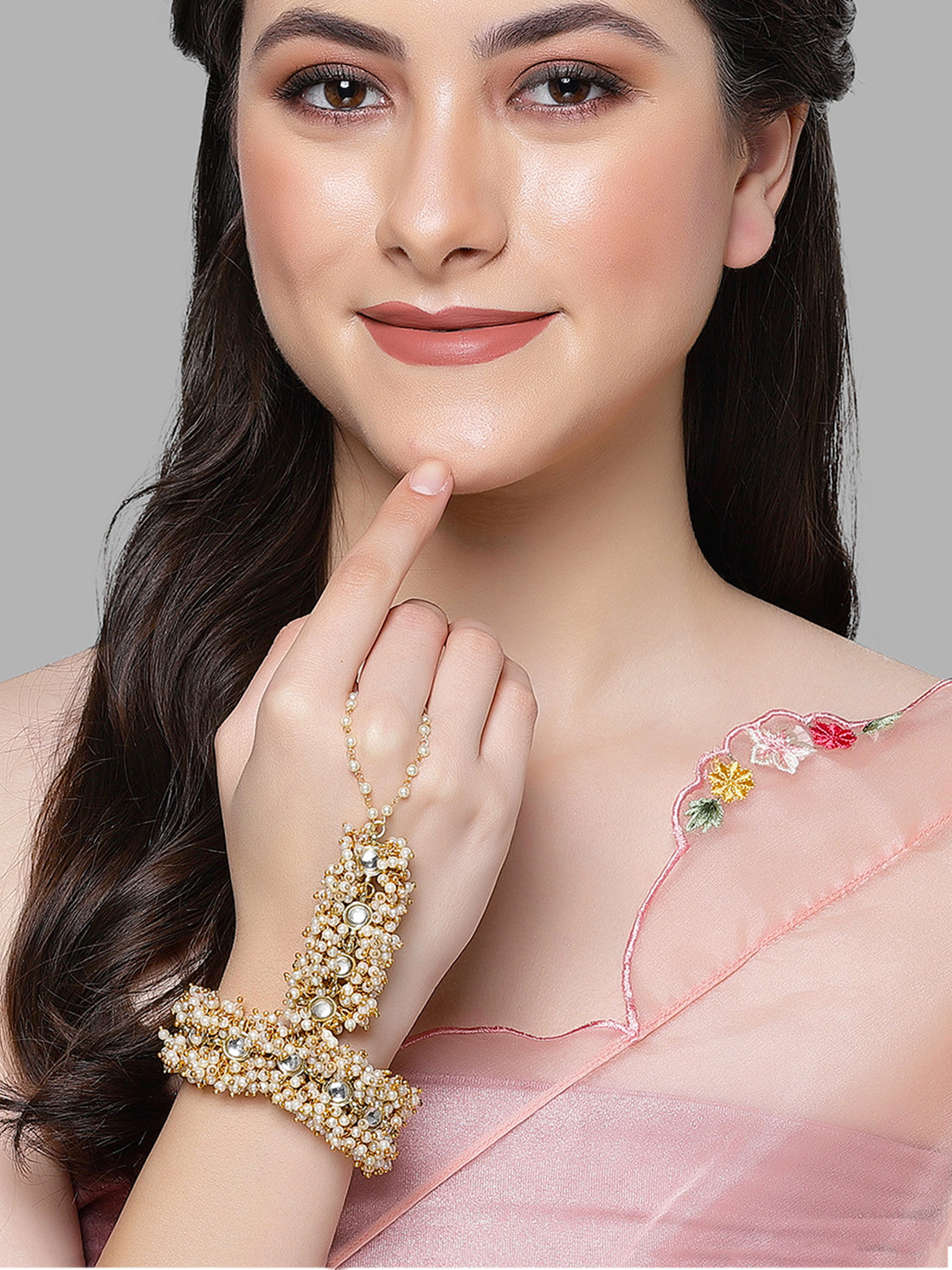 Karatcart Gold Plated Pearl and Kundan Hathphool for Women