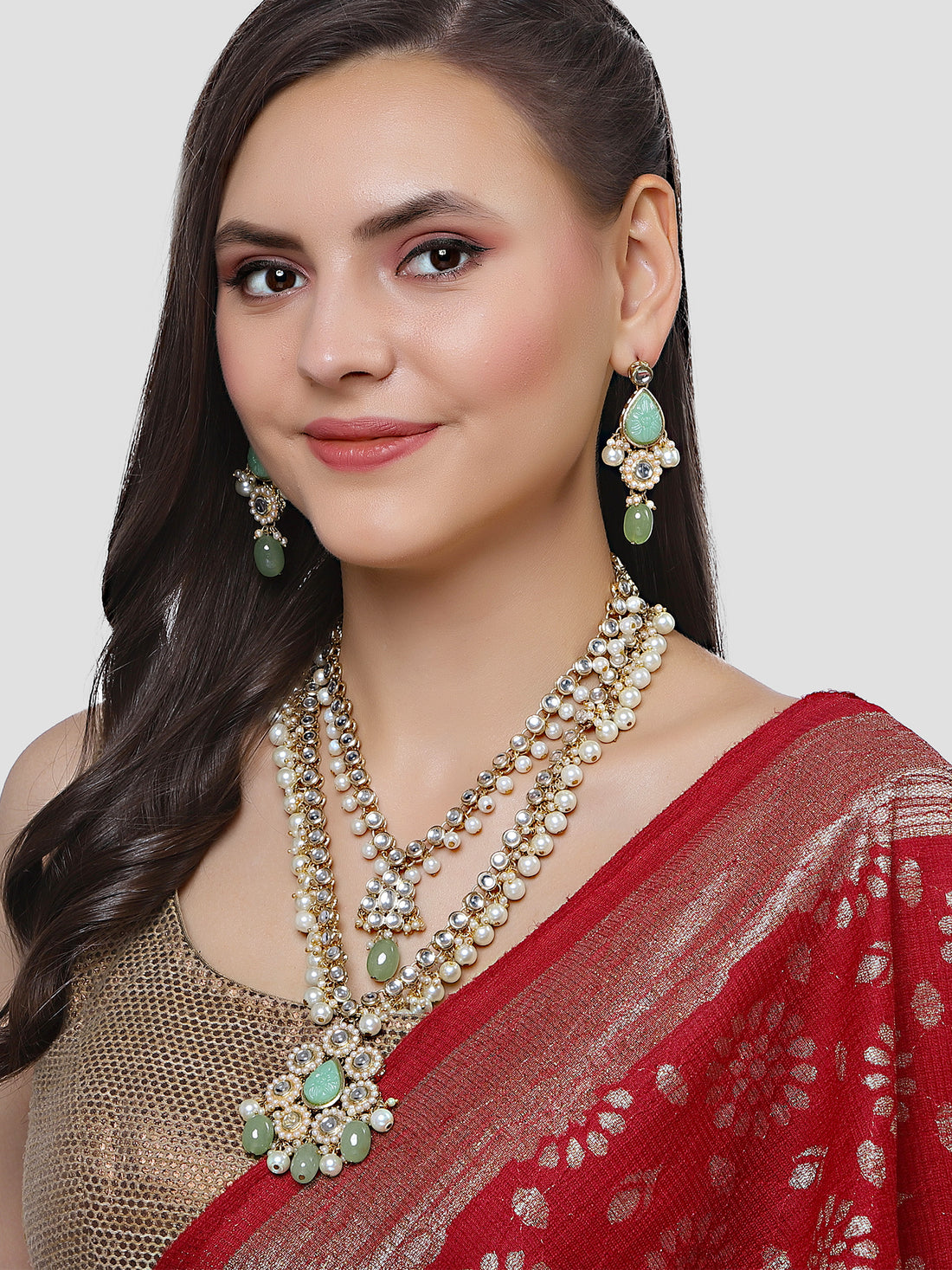 Karatcart Gold Plated Light Green Tumble and Pearl Rani Haar Necklace Set for Women