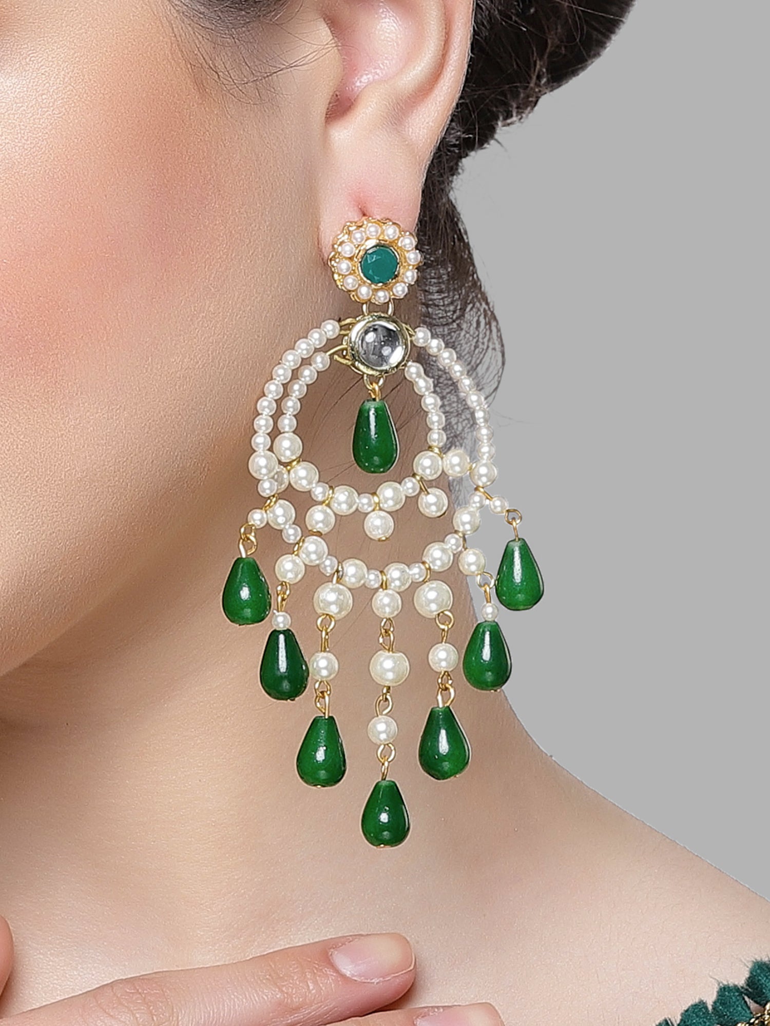 High Quality Gold Plated Kundan & Green Agate Beads And Onyx Stones online Shell Pearls Tear Drop Design 5 Layered Dangler Earring | Indian Jewelry