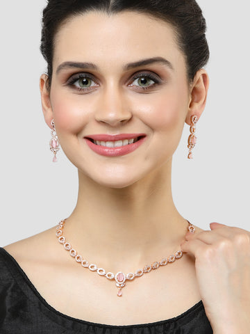 Karatcart Rose Gold Plated Pink Cubic Zirconia Studded Necklace Set for Women