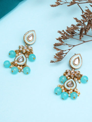 Karatcart Gold Plated Light Blue Meena Kundan Drop Earrings for Women